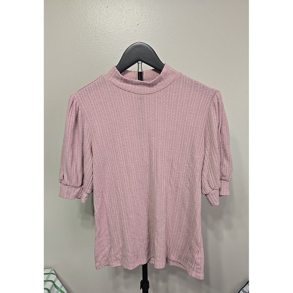 Maurices Womens Dusty Pink Solid Stretch Mock Neck Puff Sleeve Blouse Top Size M